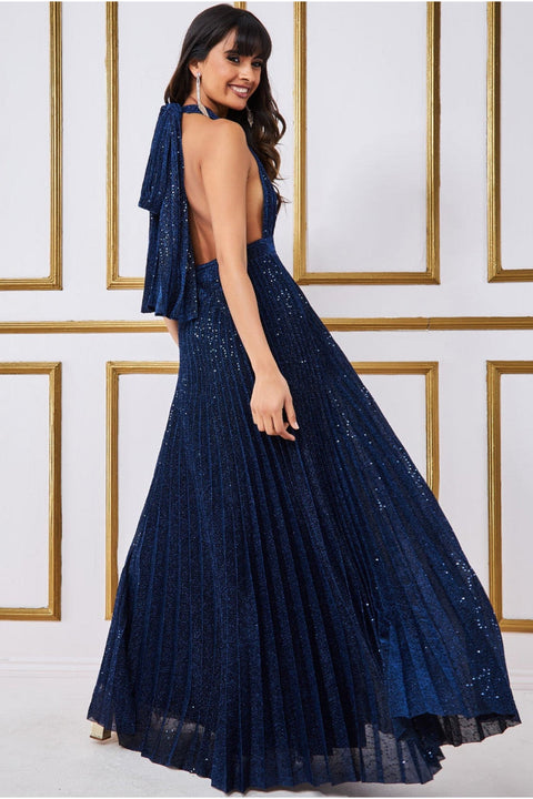 Plunge Halterneck Sequin Lurex Maxi - Navy DR3686