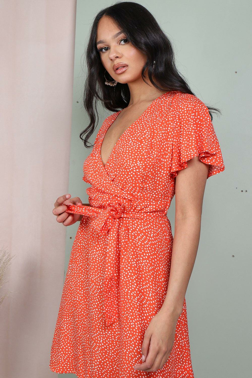 Wrap Front Mini Dress In Orange Polka Dot LL5129O