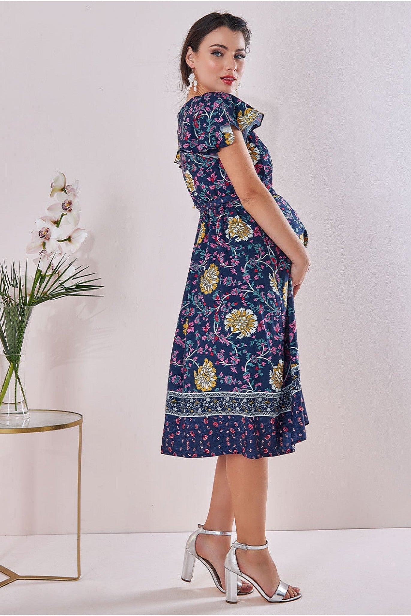 Maternity Floral Print Midi Navy Print DR3440MAT