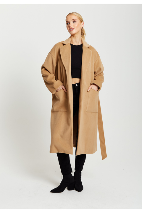 Belted Longline Coat In Camel by Liquorish