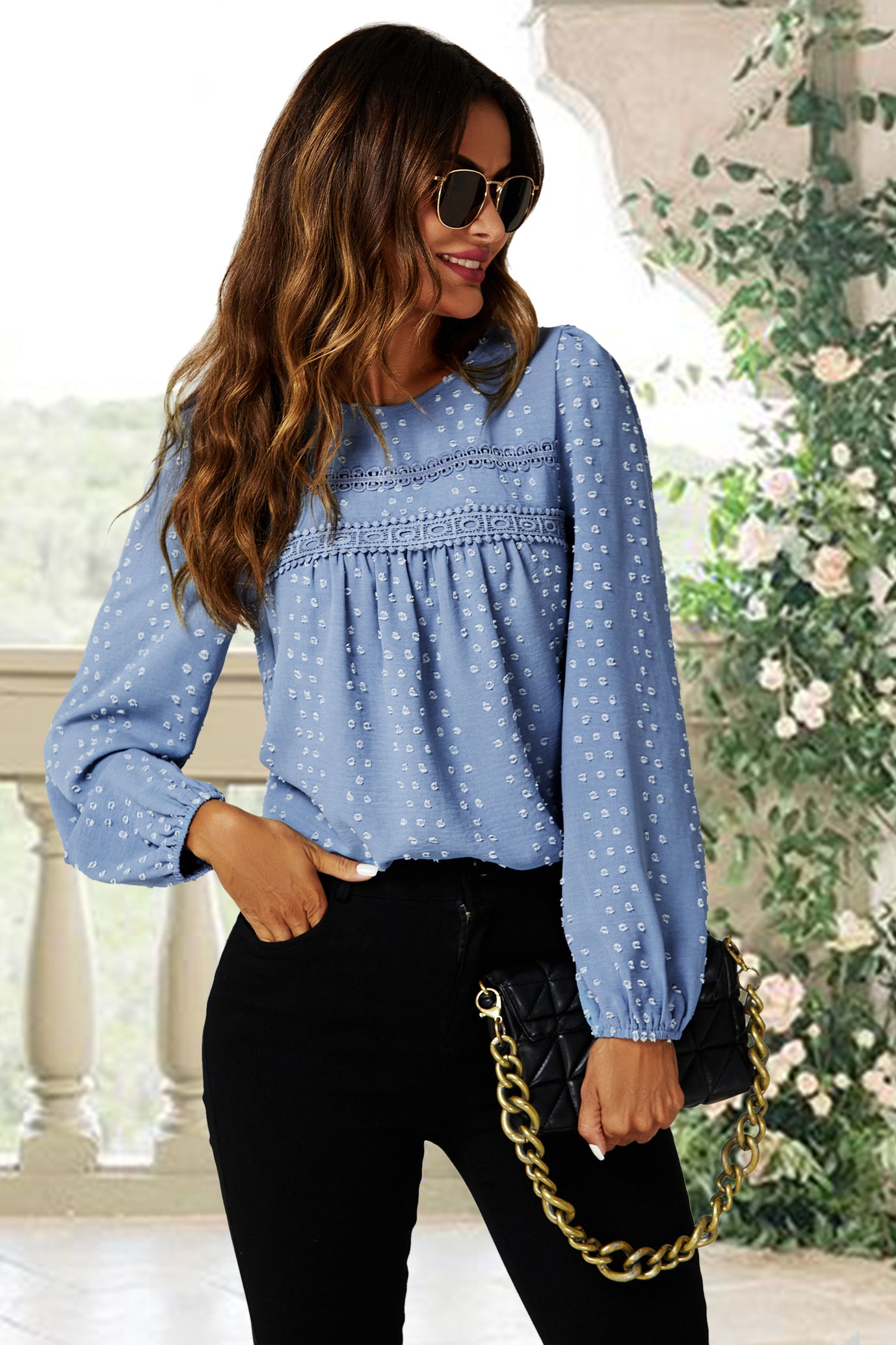 Lace Detail Long Sleeve Blouse Top In Blue FS624