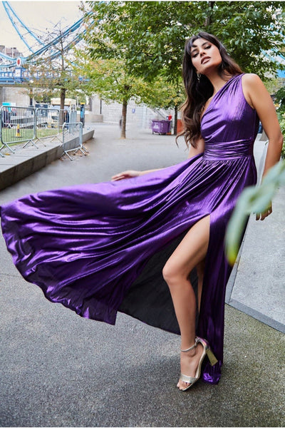 One Shoulder Slinky Foil Flared Maxi Dress - Purple by Goddiva