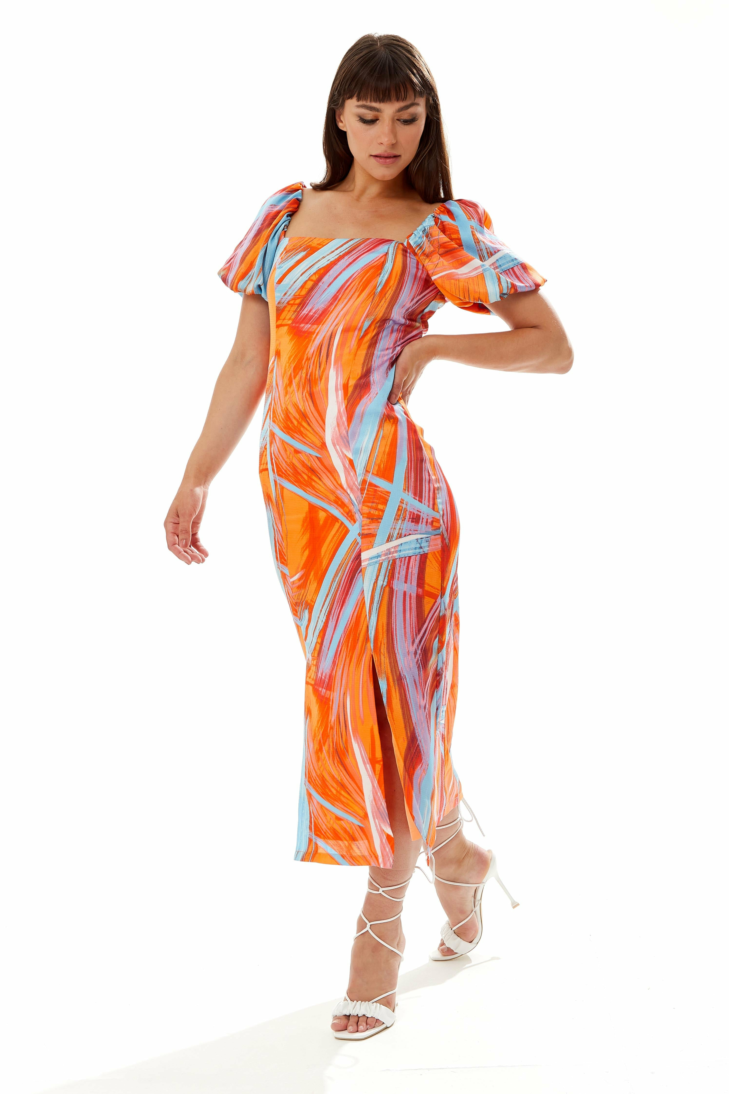 Abstract Print Midi Dress In Orange A8-105-LIQ22SS017