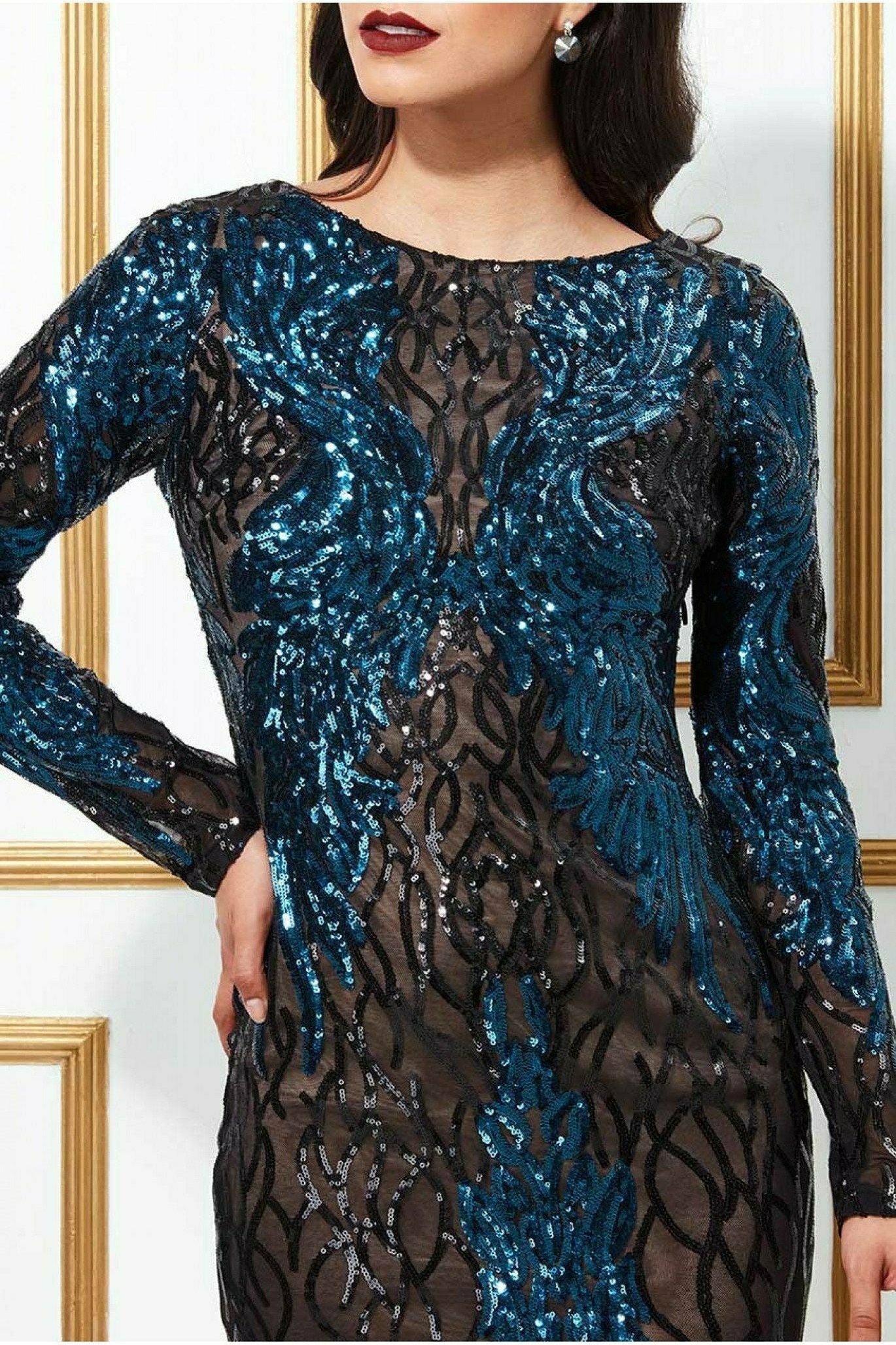 Boat Neck Full Sleeve Sequin Midi Dress - Teal DR3008