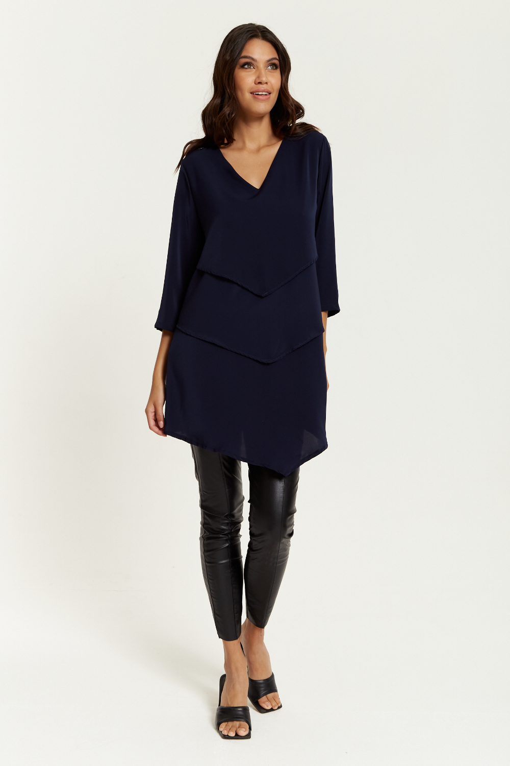 3/4 Sleeves V Neck Oversized Layered Tunic in Navy GLR FASHION NETWORKING