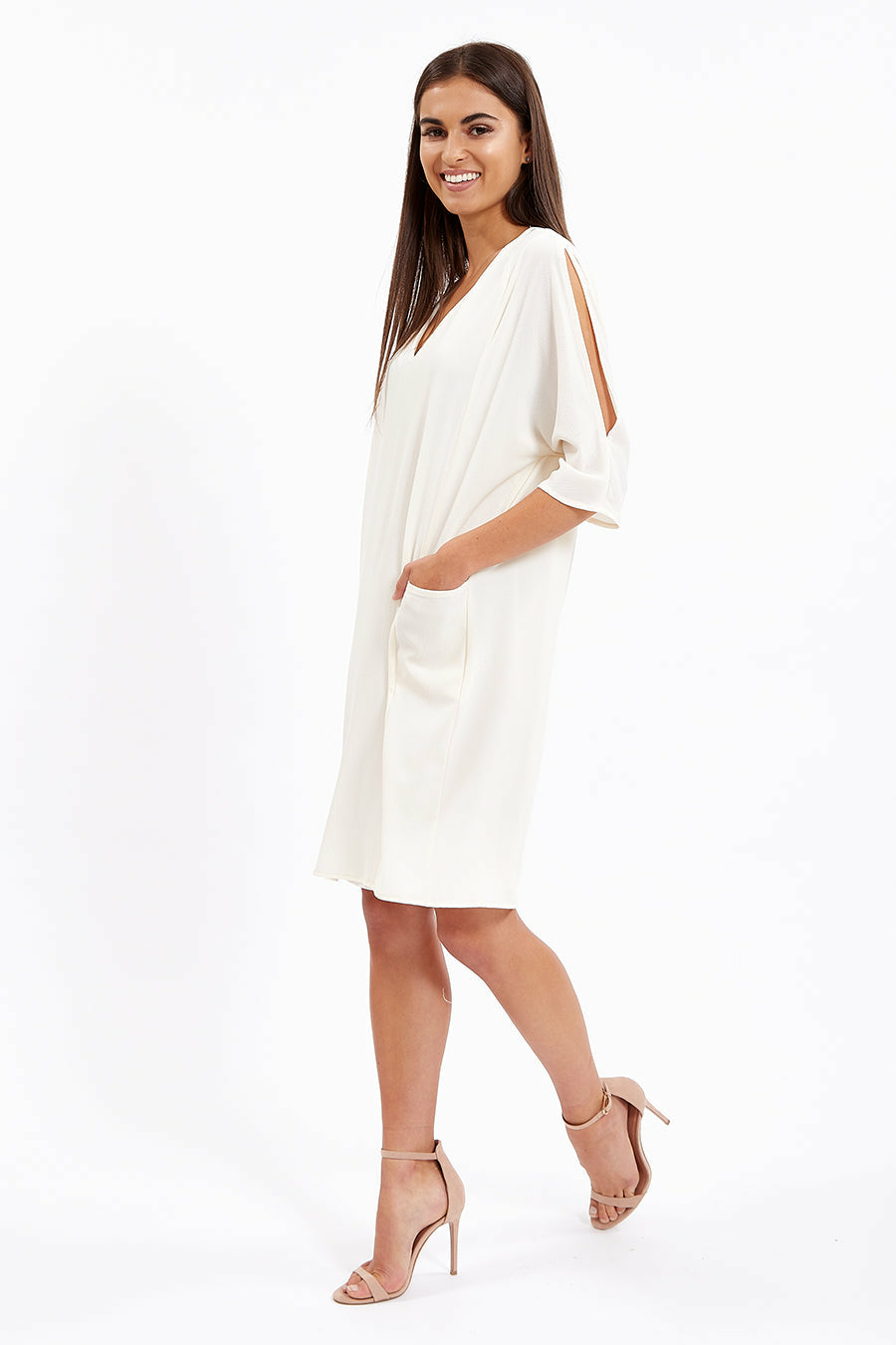 Divine White Relaxed Fit Midi Dress With Pockets JEN30166-W