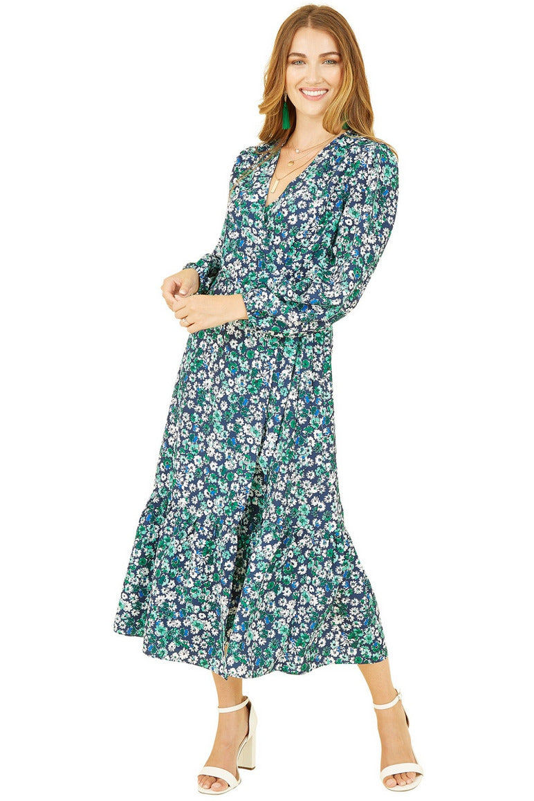 Green Daisy Print Wrap Midi Dress With Long Sleeves Yumi
