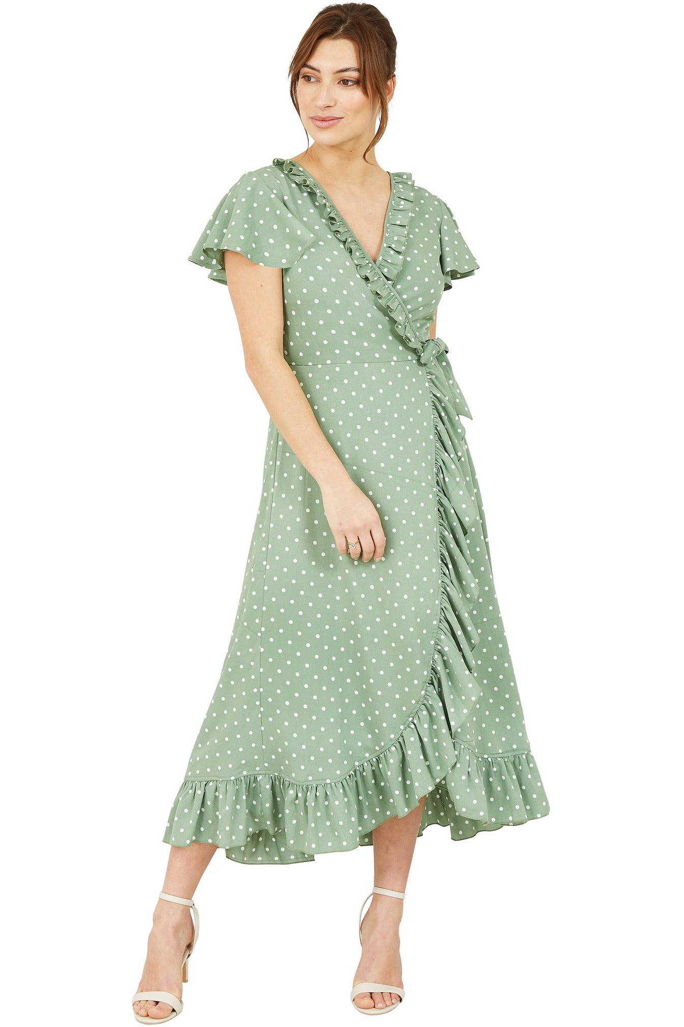 Green Polkadot Frill Wrap Dress YM3264