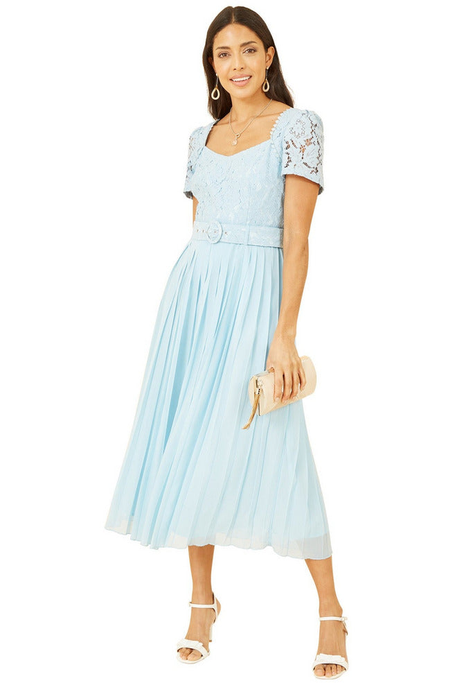 Blue Lace Dress With Pleated Skirt and Belt Yumi
