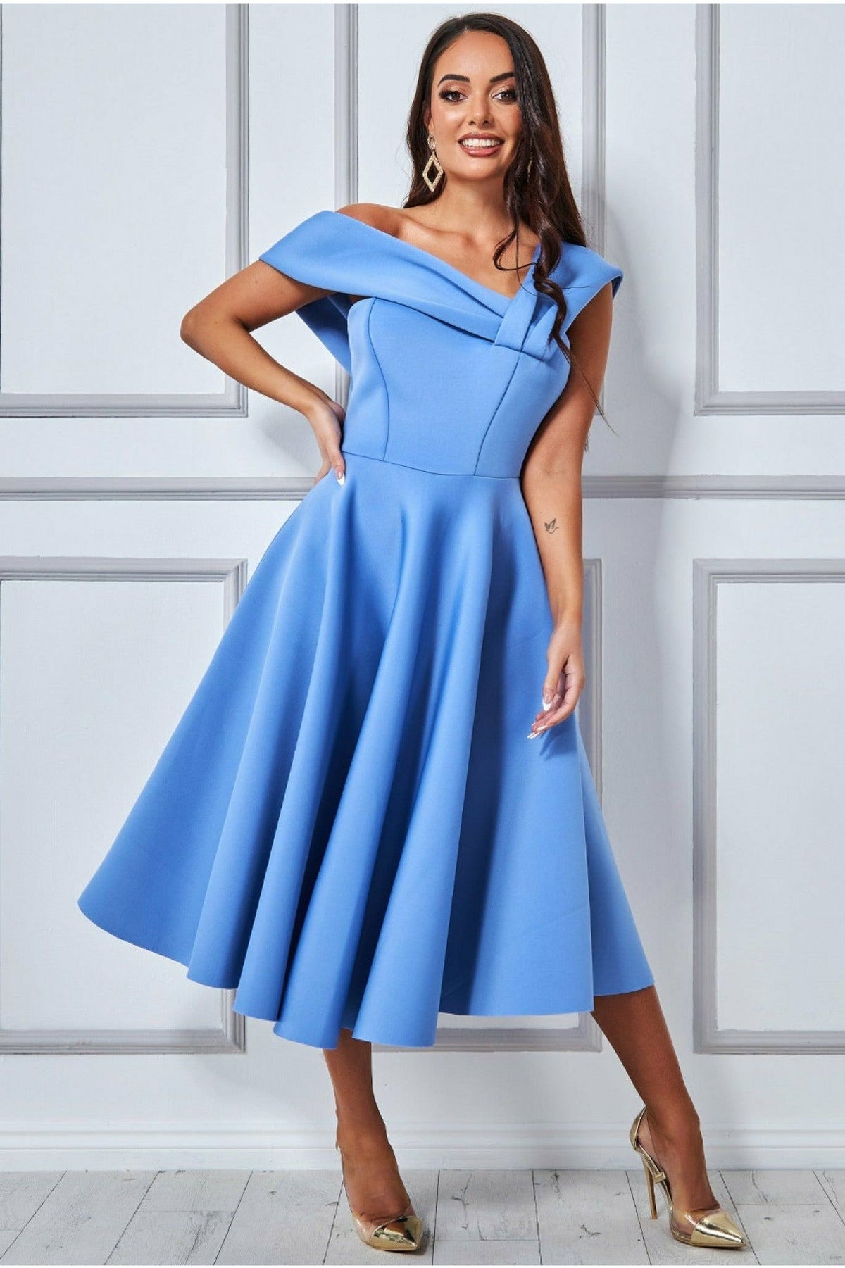 Scuba Foam One Shoulder Midi Dress - Dusty Blue DR3208