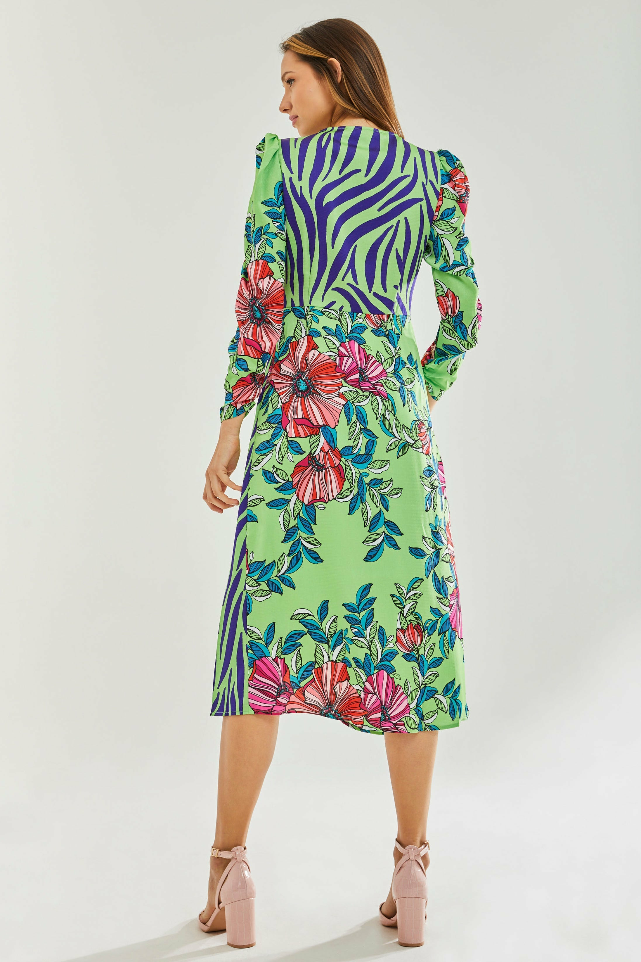 Floral Animal Contrast Print Waist Wrap Midi Dress JEN30206G