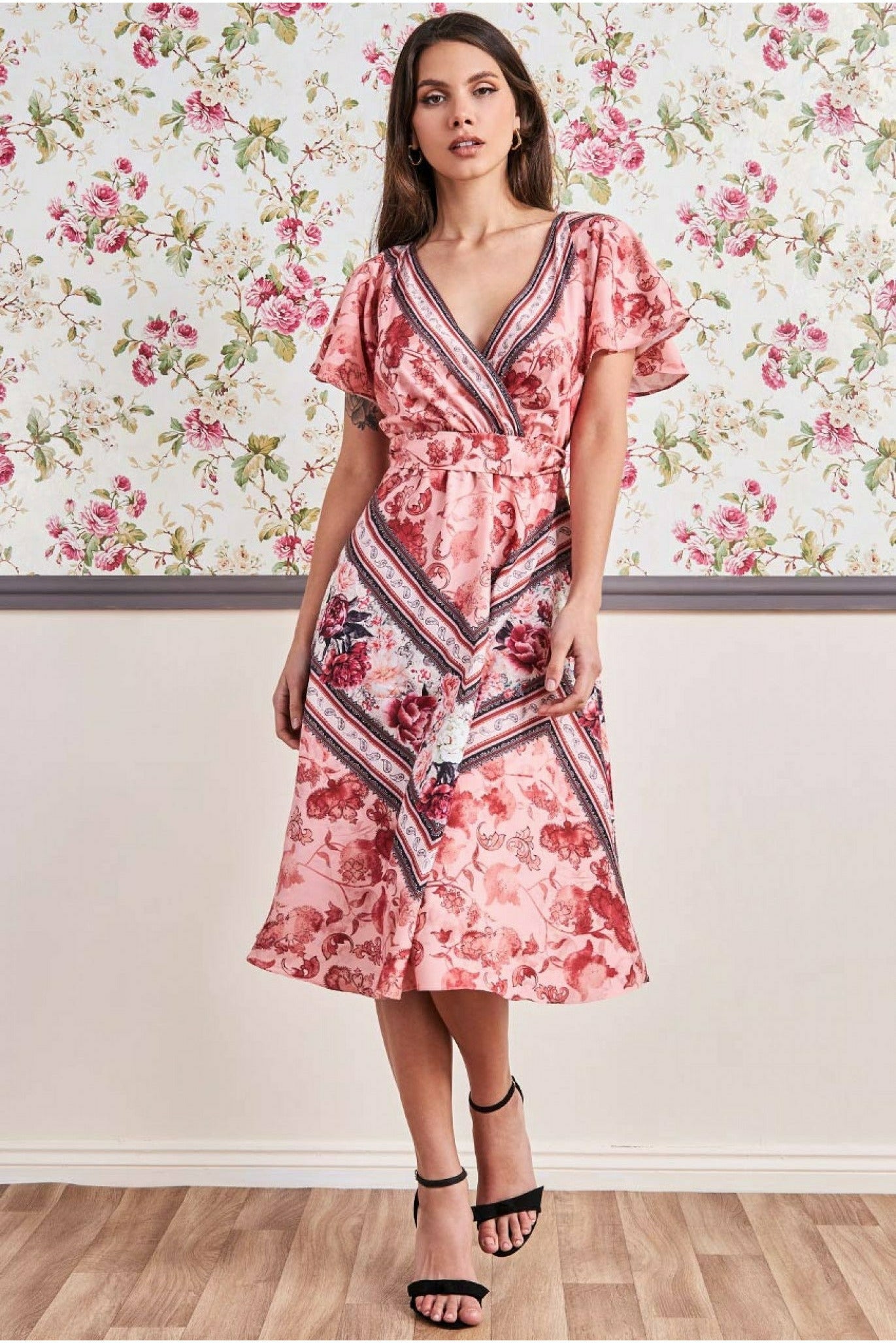 Flutter Sleeve Wrap Style Midi Dress - Peach DR3432