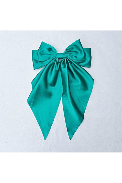 Green Satin Hair Bow Green Hair Clip Long Bow by Queenmee Hair Accessories