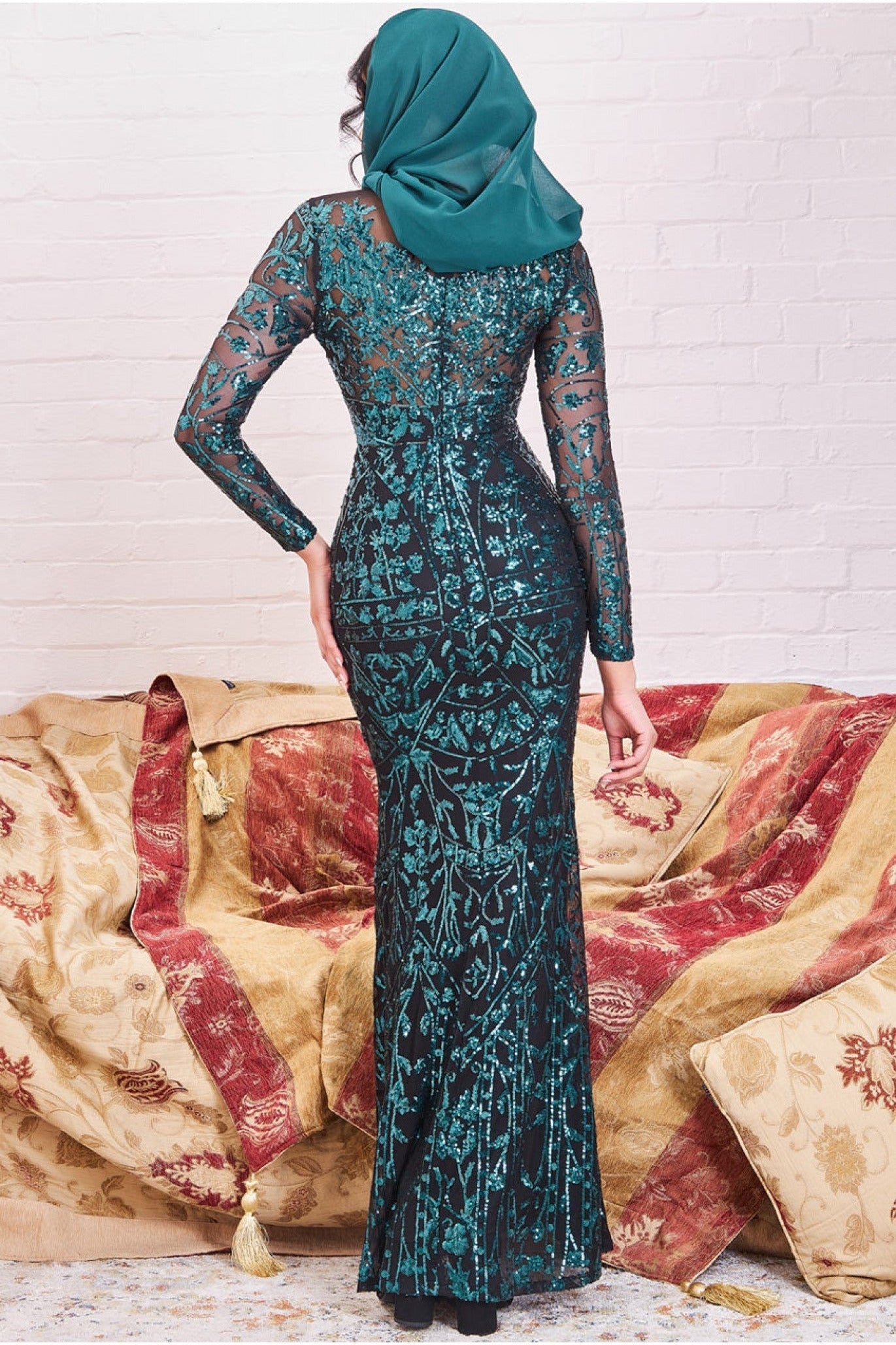 Modesty Sequin Embroidered Maxi Dress - Emerald DR3277MOD