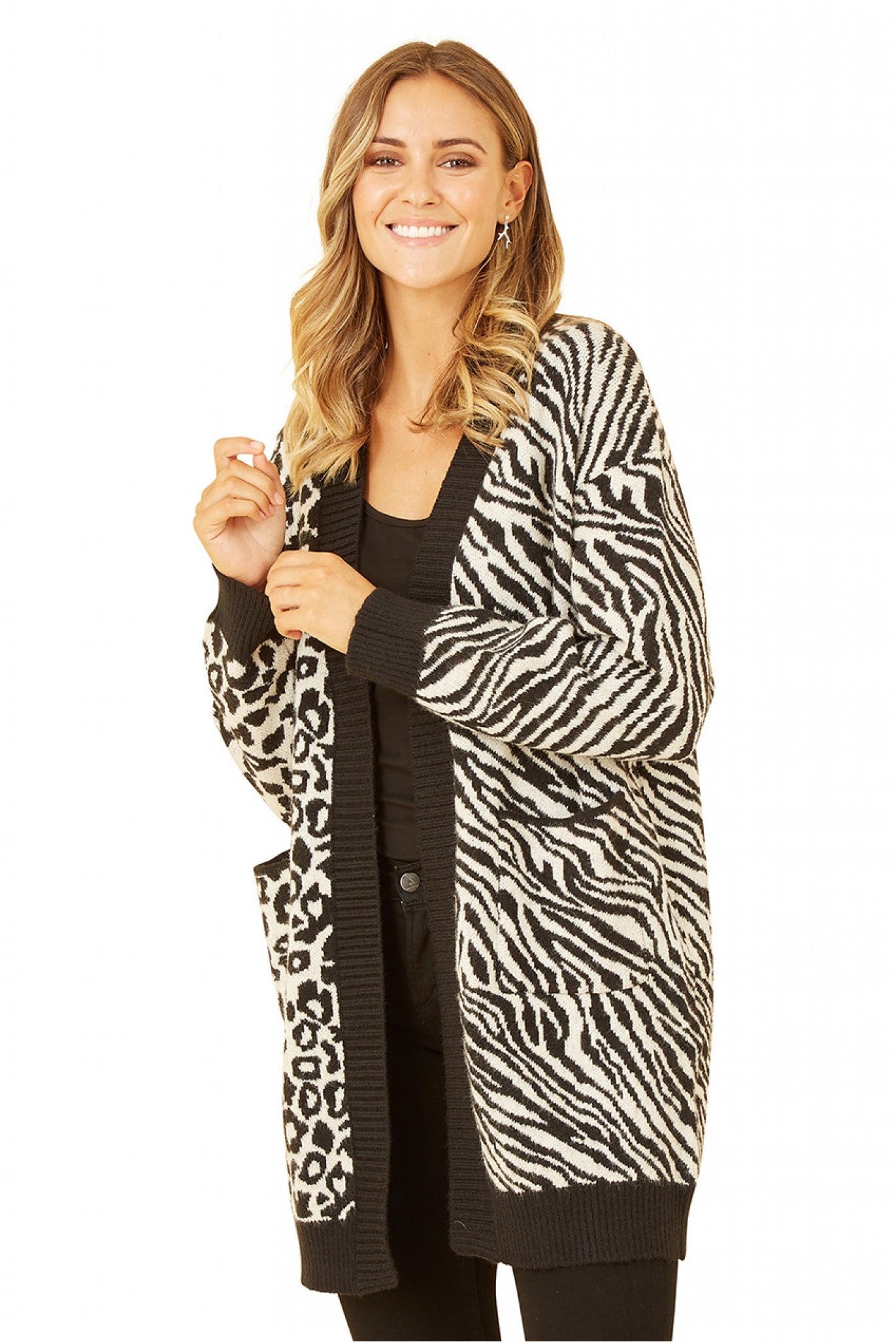 Black Zebra And Leopard Print Knitted Intarsia Cardigan YM3889A018
