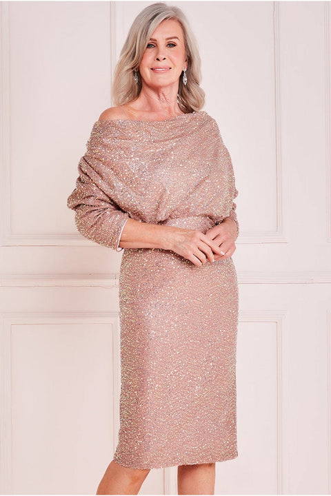 Velvet & Sequin Cowl Midi Dress - Nude DR3497M