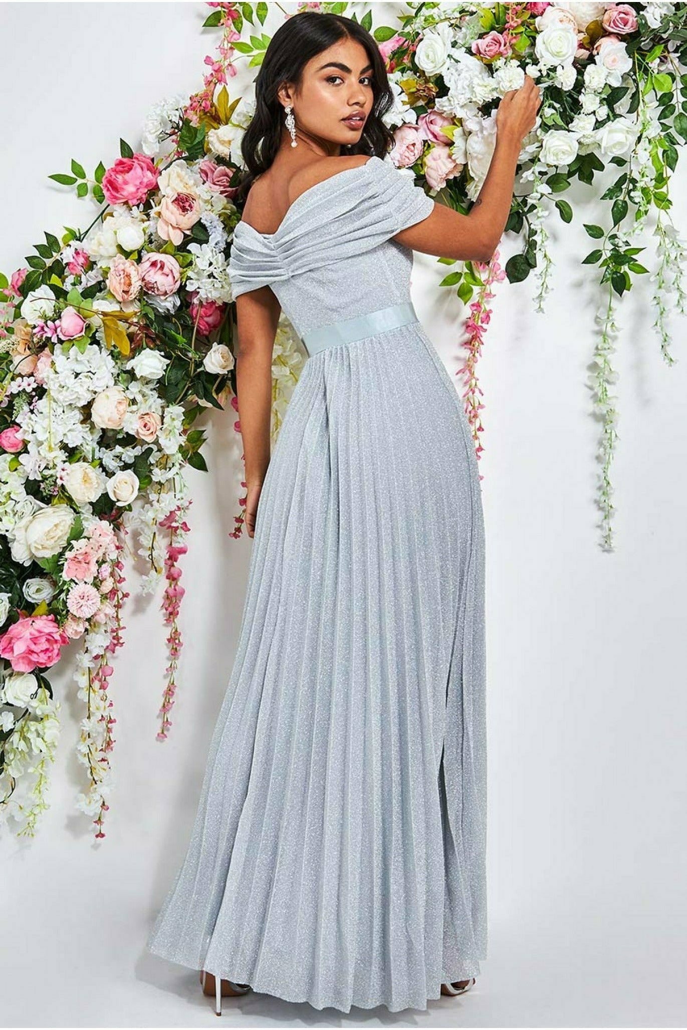 Bardot Pleated Skirt Wedding Dress - Silver DR3096