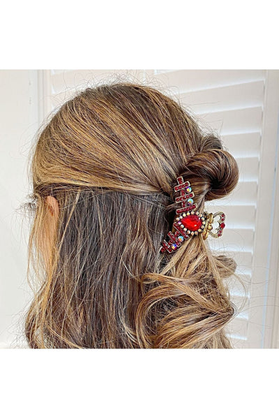 Gold - Hair Clamp In Red Hair Claw Clip With Crystal Gold by QueenMee Accessories