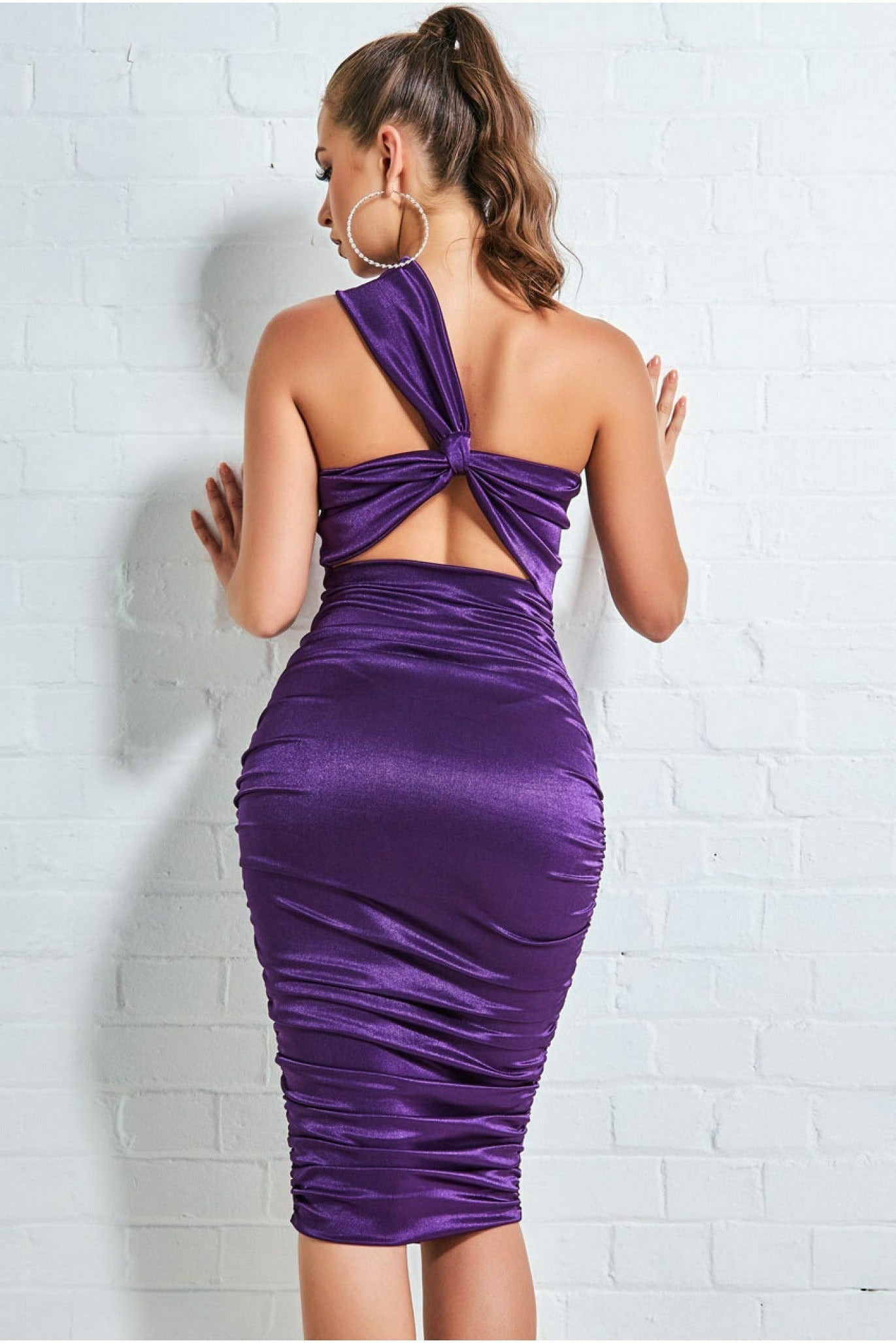 Ring Detail One Shoulder Ruched Midi - Purple DR3548