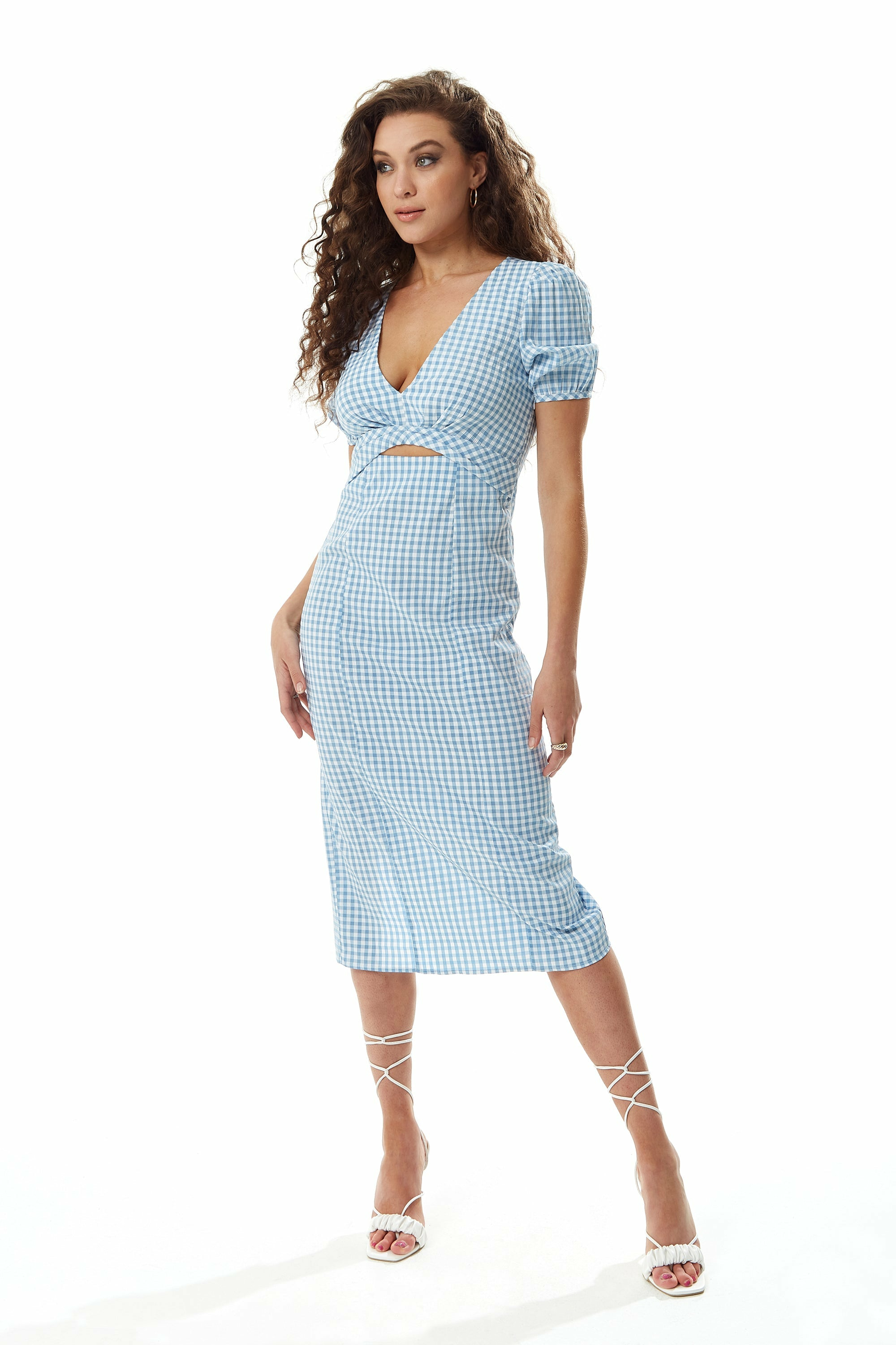 Liquorish Gingham Cut out front Midi Dress in Blue and White Liquorish