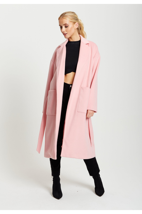 Belted Longline Coat In Pink by Liquorish