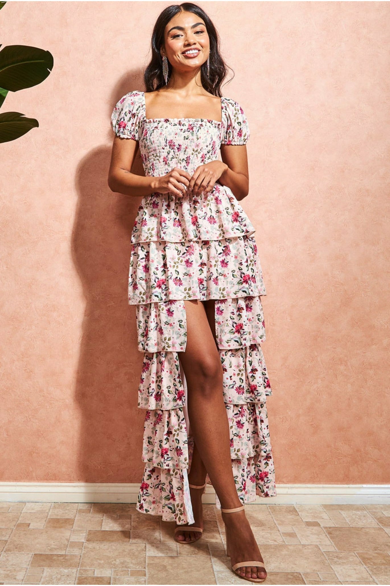 Layered Dipped Hem Floral Maxi - Beige DR3506