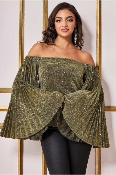 Gold - Sequin Lurex Bardot Pleated Sleeve Top - Gold by Goddiva