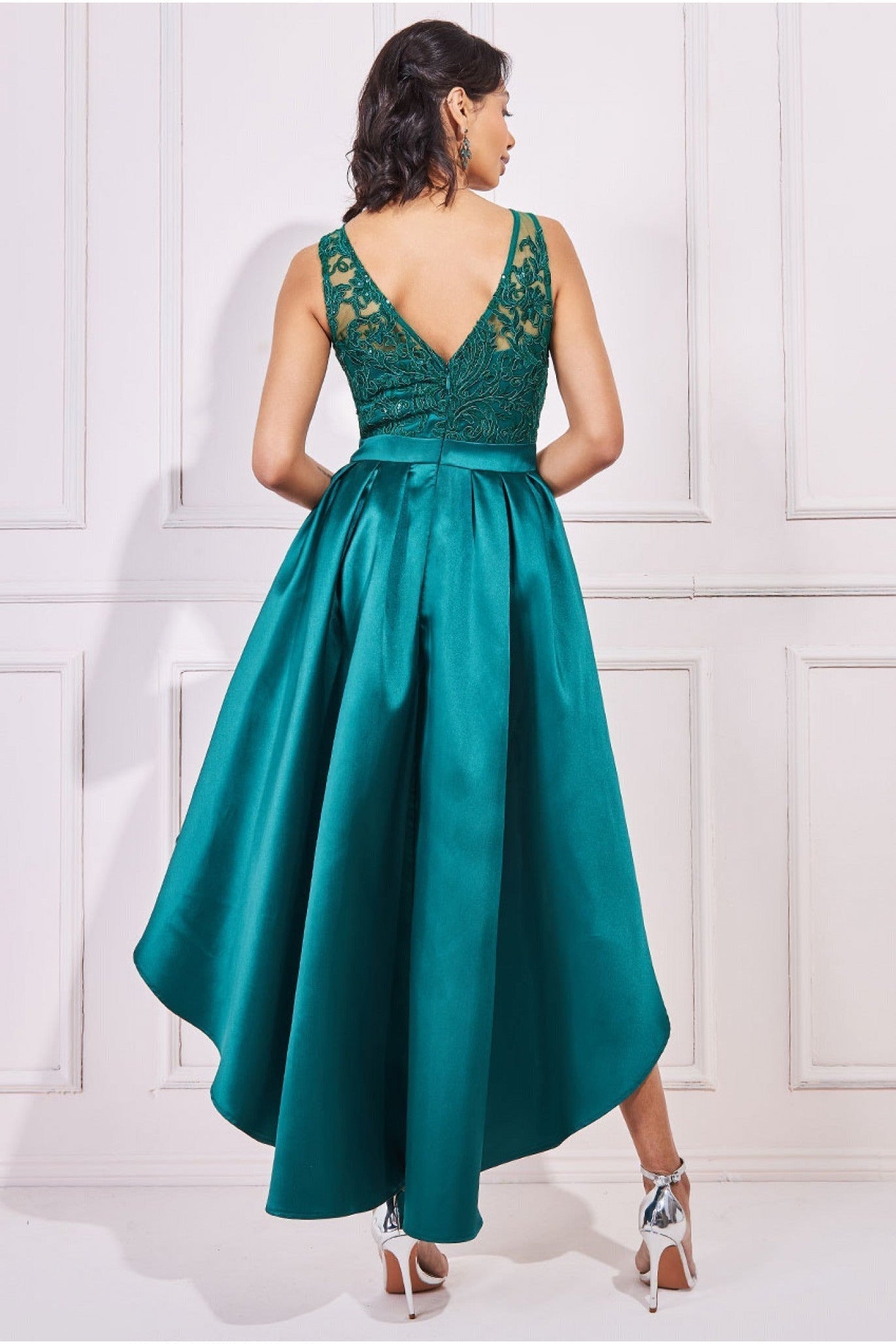 Sequin & Satin Dipped Hem Midi Dress - Emerald DR3621