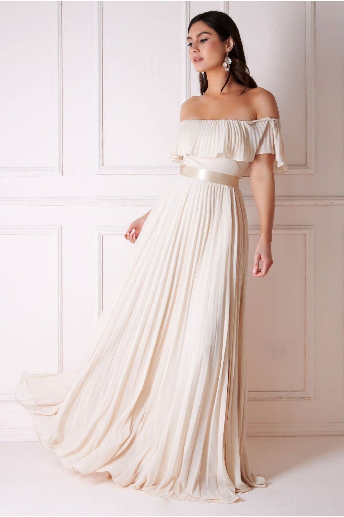 Pleated Chiffon Off Shoulder Maxi Dress - Ivory DR3805