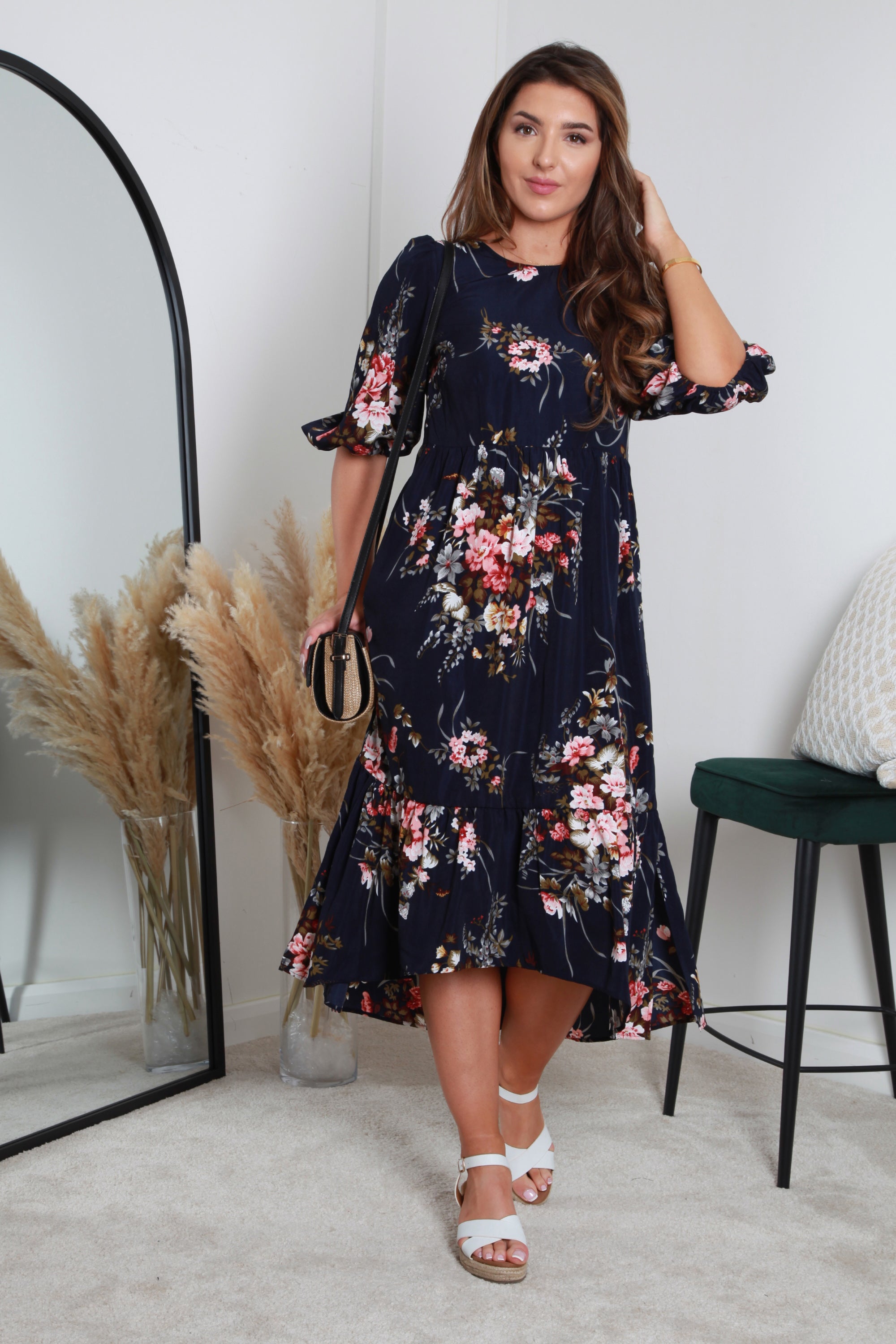 Navy Floral Printed A-line Tiered Dress DR0000195