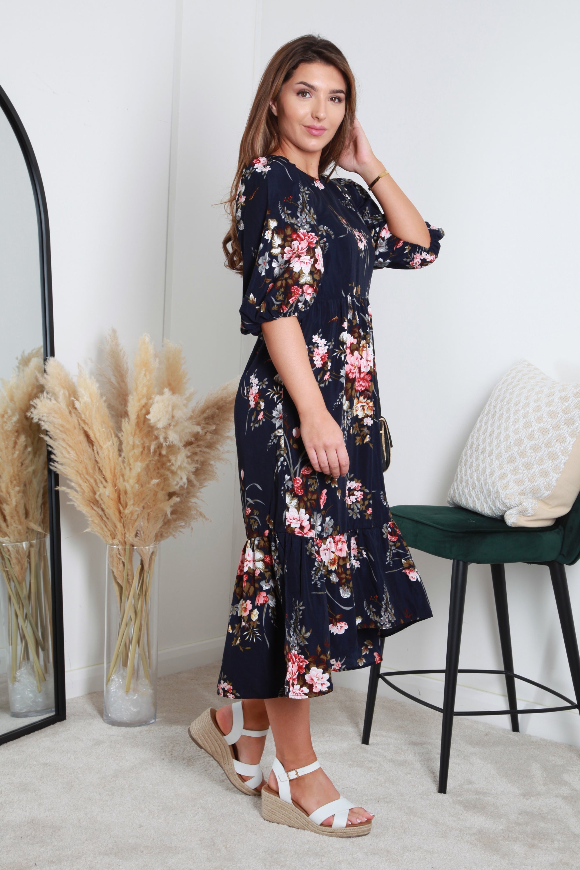 Navy Floral Printed A-line Tiered Dress DR0000195