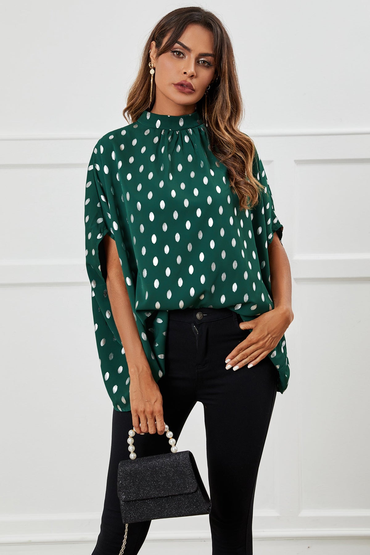 Silver Foil Loose Fit Top In Green FS617