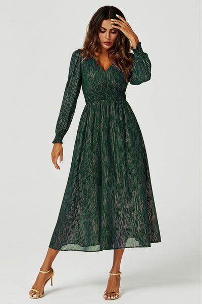 Green - Gold Stripe Foil Long Sleeve Maxi Dress In Green by FS Collection