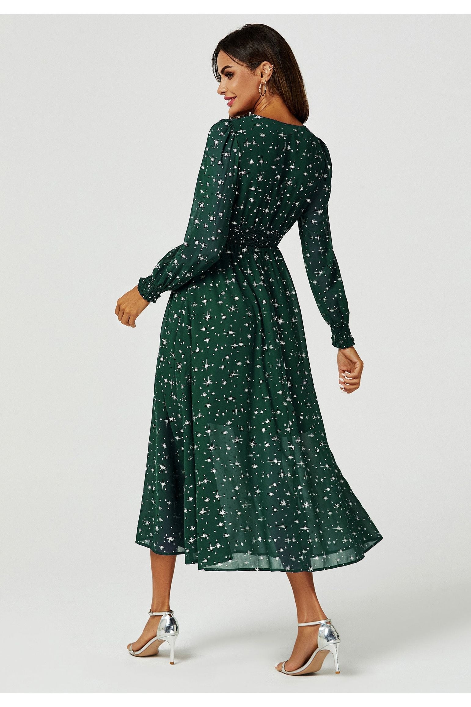 Silver Star Foil Long Sleeve Maxi Dress In Green FS629-GreenStar