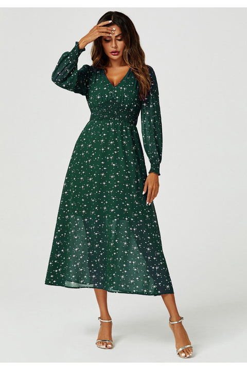 Silver Star Foil Long Sleeve Maxi Dress In Green FS629-GreenStar