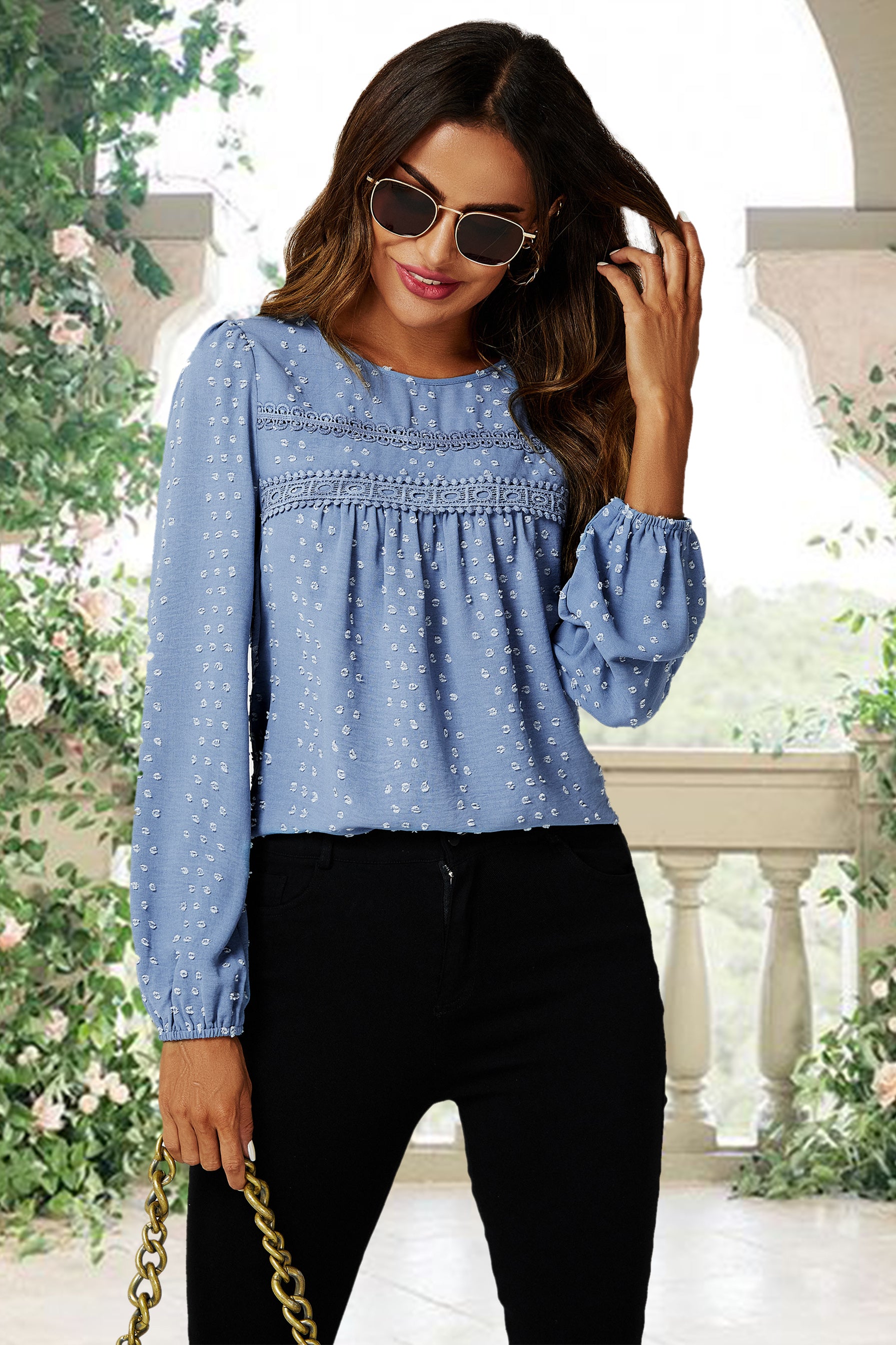 Lace Detail Long Sleeve Blouse Top In Blue FS624