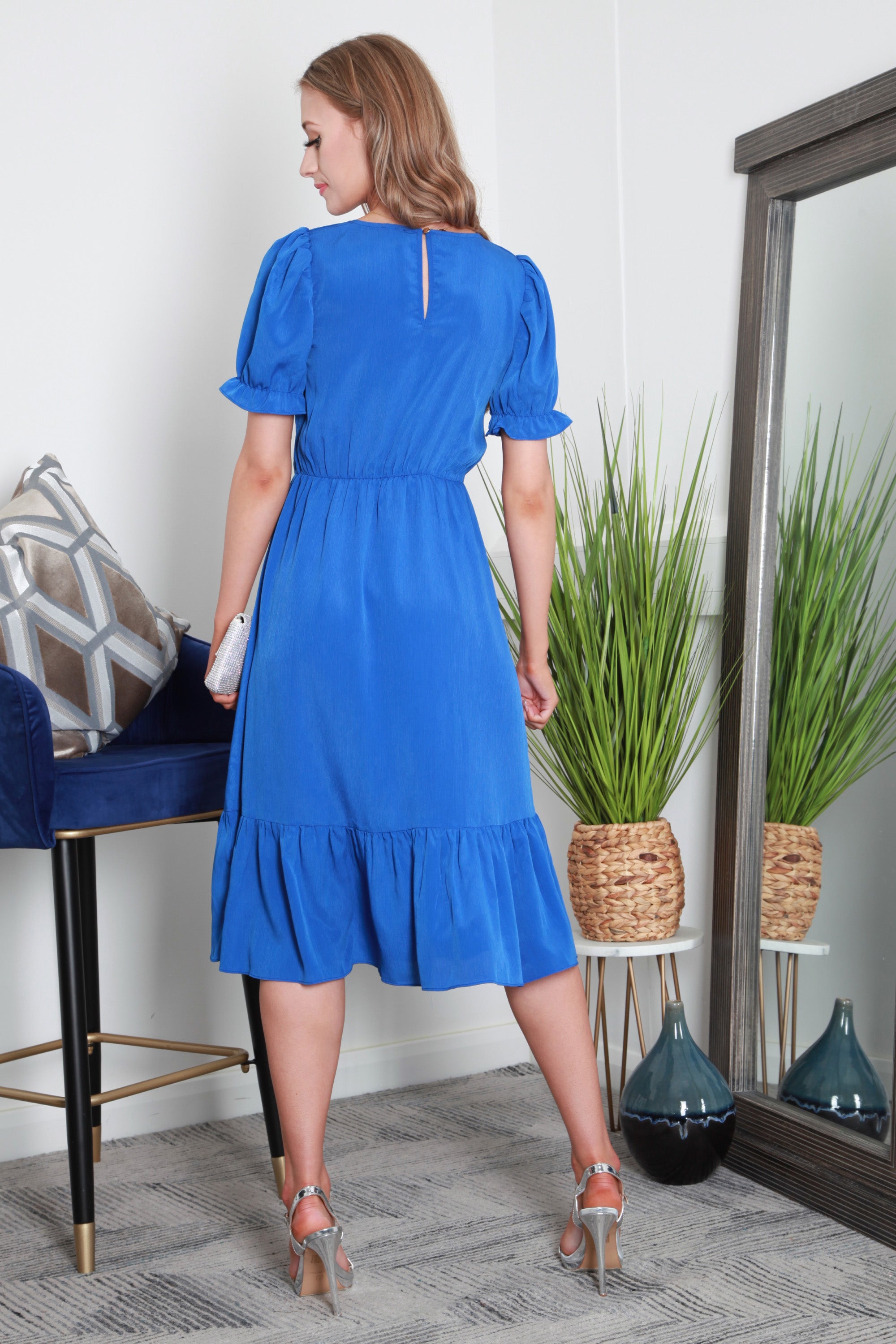 Blue Puff Sleeve Wrap Front Midi Dress DR0000348