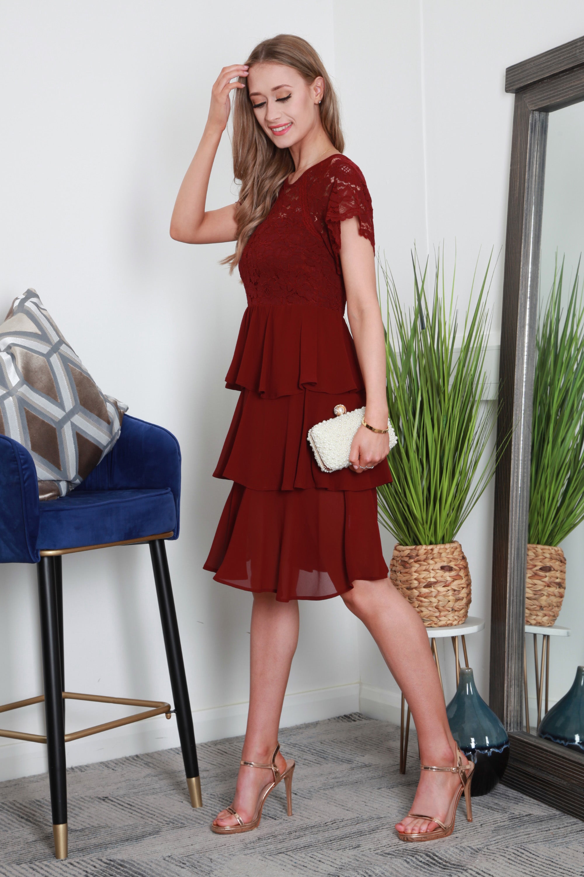 Burgundy Red Tiered Lace Dress DR0000133