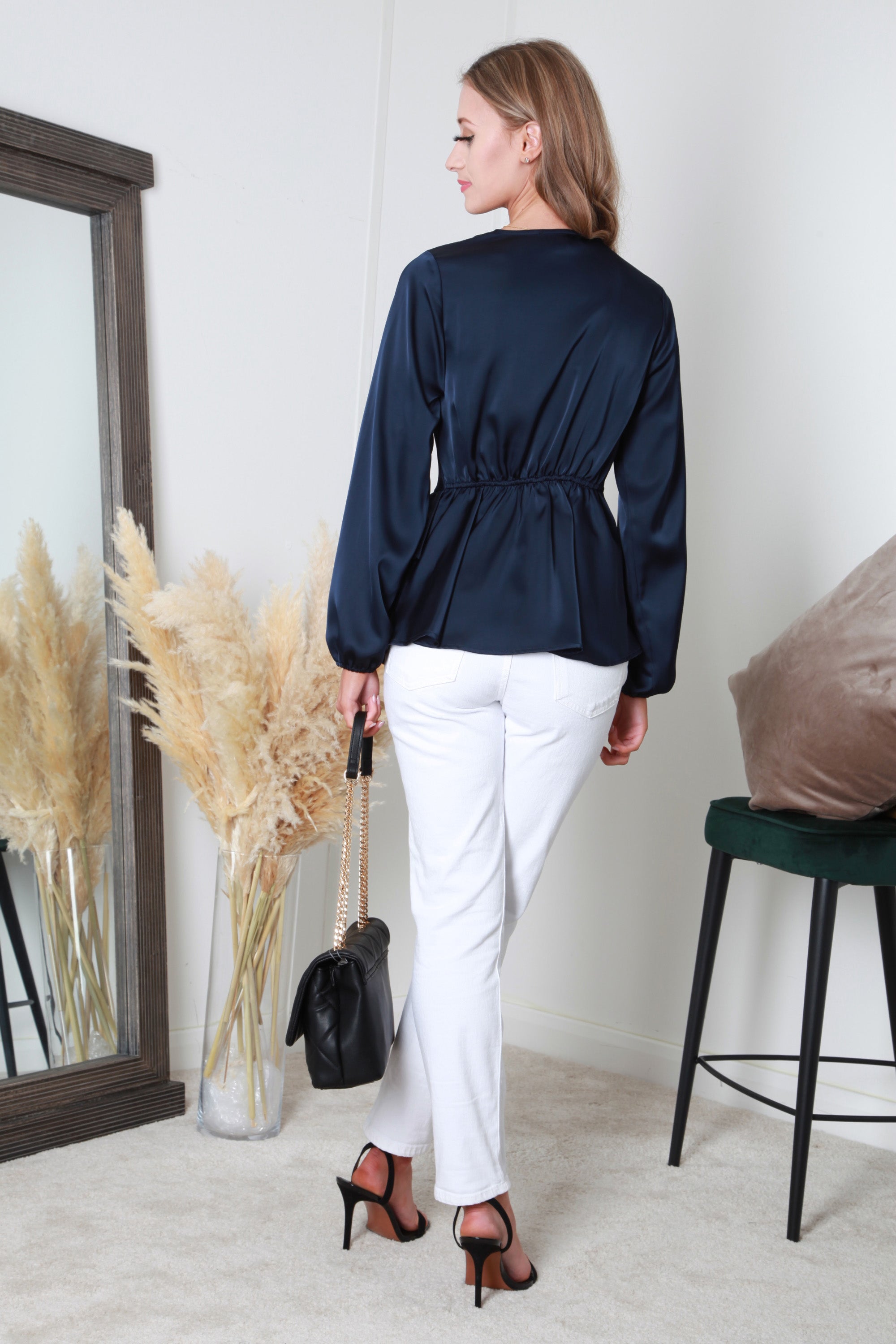 Navy Wrap Frill Front Satin Top TO0000385