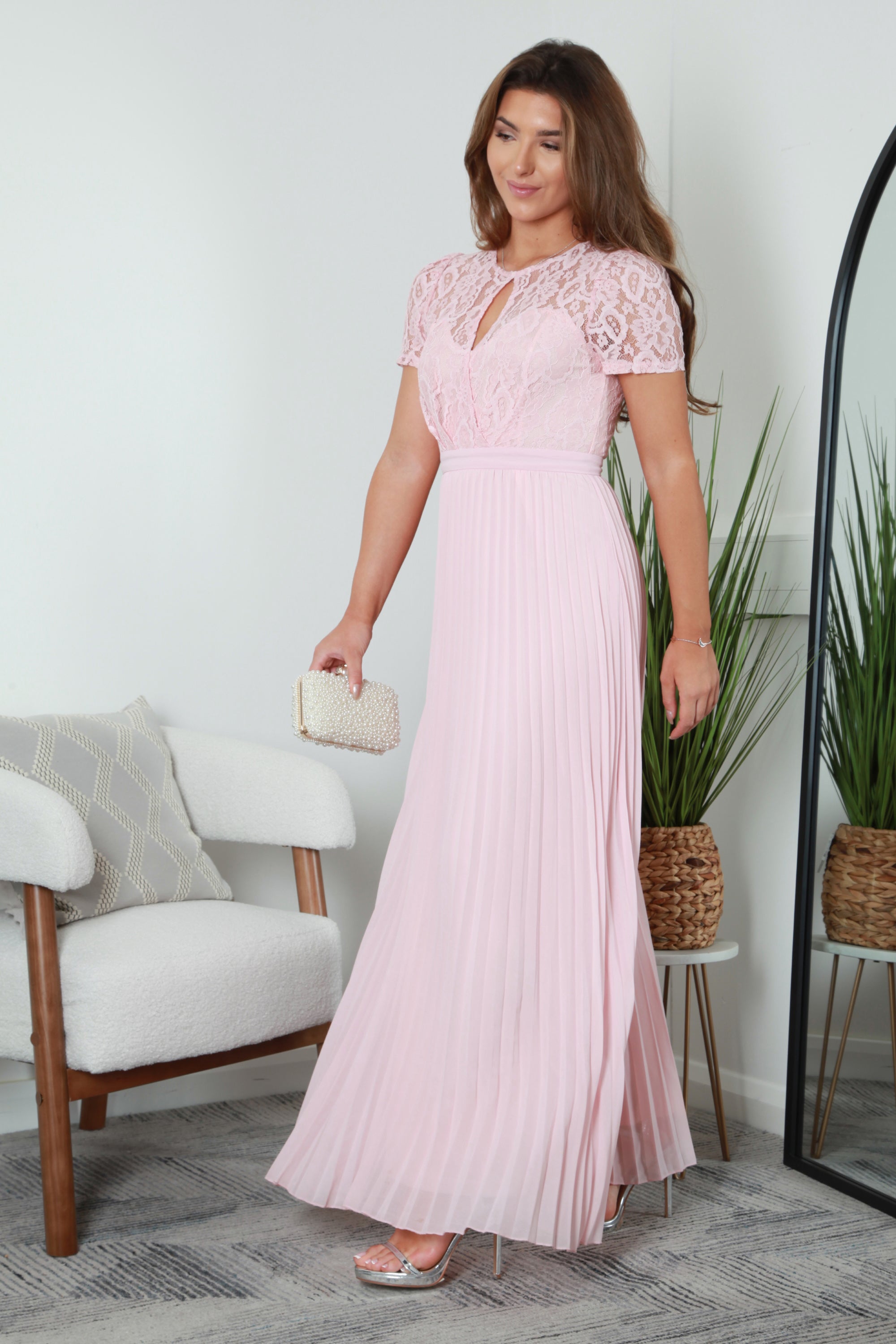 Pink Pleated Sleeve Lace Dress DR0000080