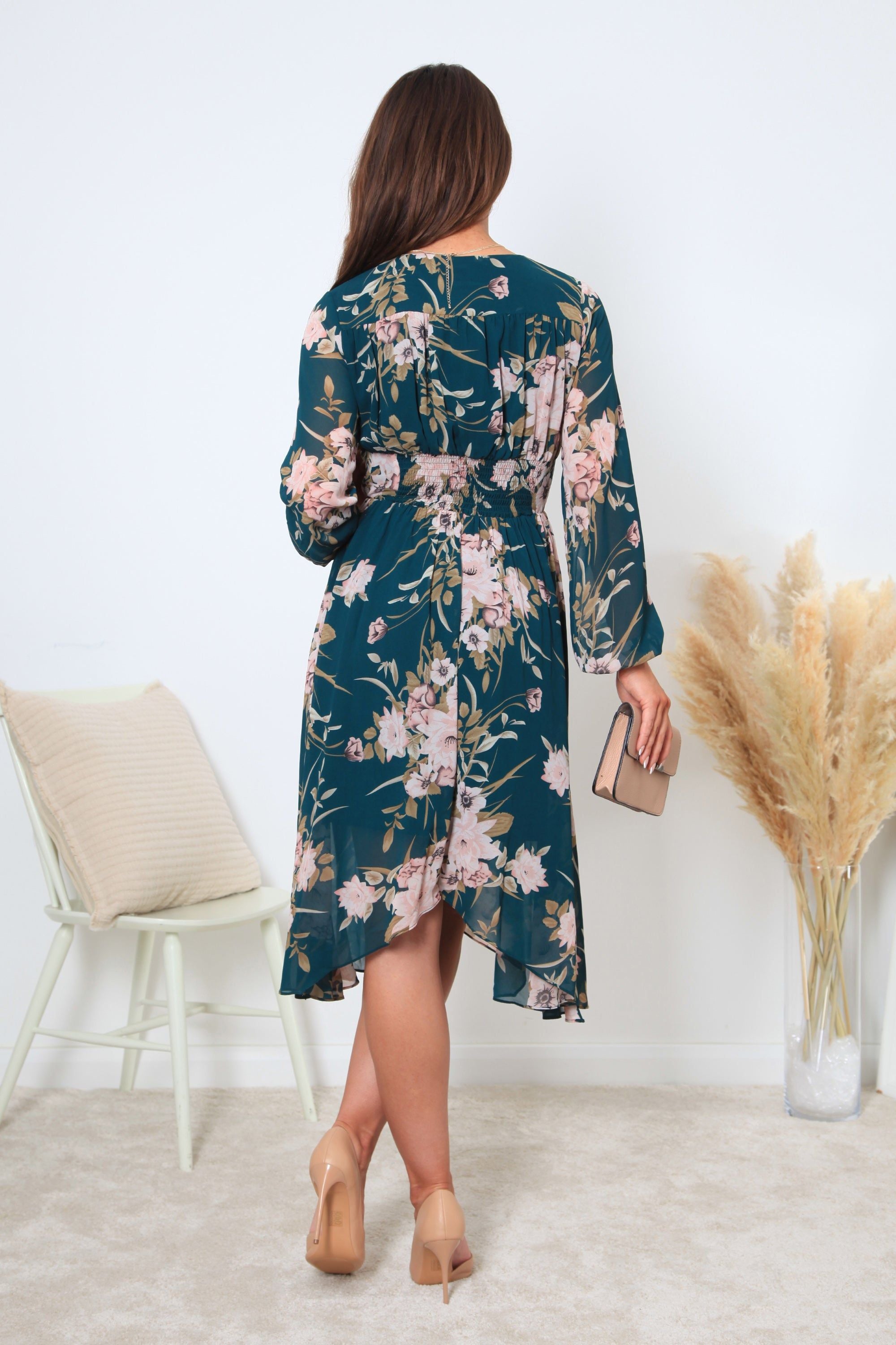 Green Fixed Wrap Front Printed Chiffon Dress DR0000242