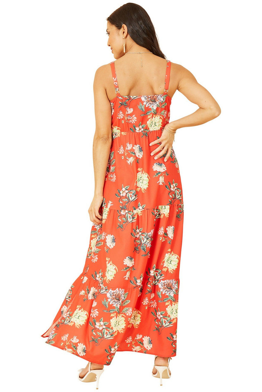 Red Floral Strappy Tiered Maxi Dress Yumi