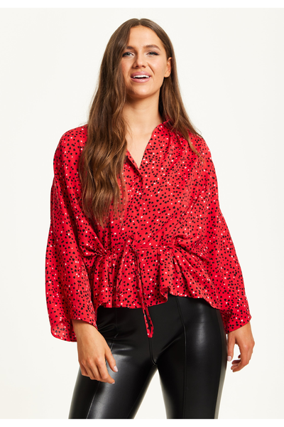 Red - Heart Print Shirt With Long Sleeves And Tie Waist by Liquorish