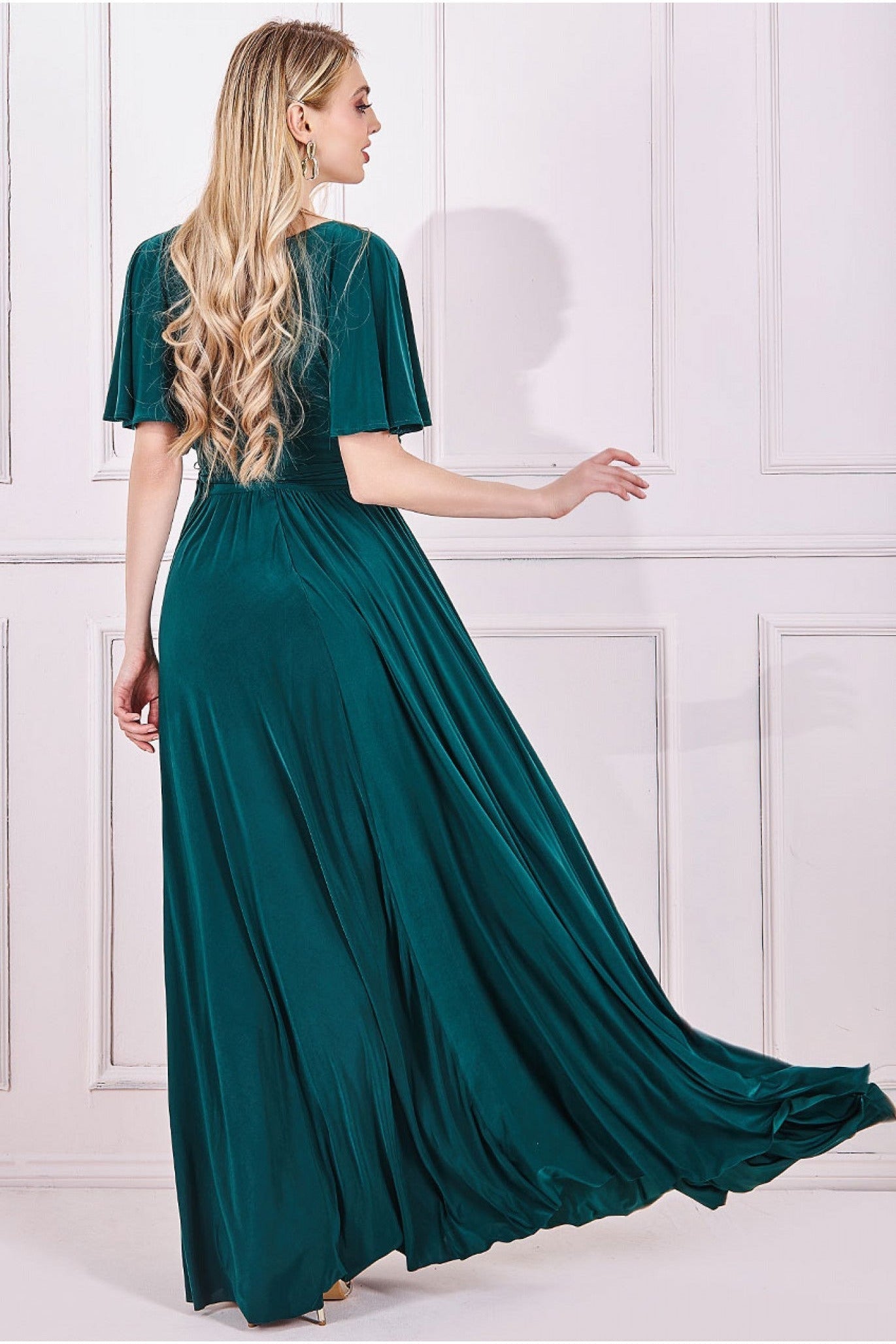 Wrap Front Maxi With Flutter Sleeves - Emerald Green DR2565B