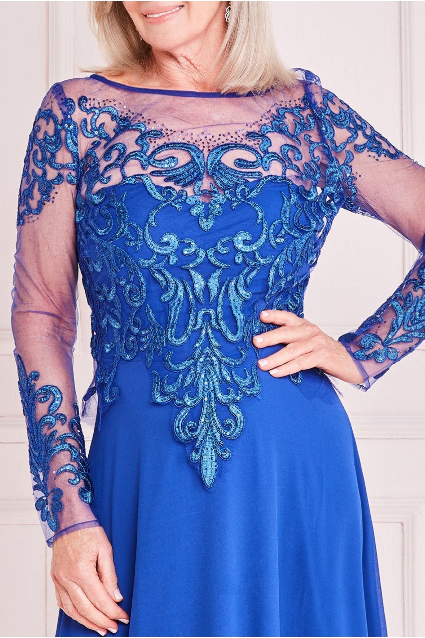 Mesh & Lace Embroidered Bodice Maxi - Royal Blue DR3260M