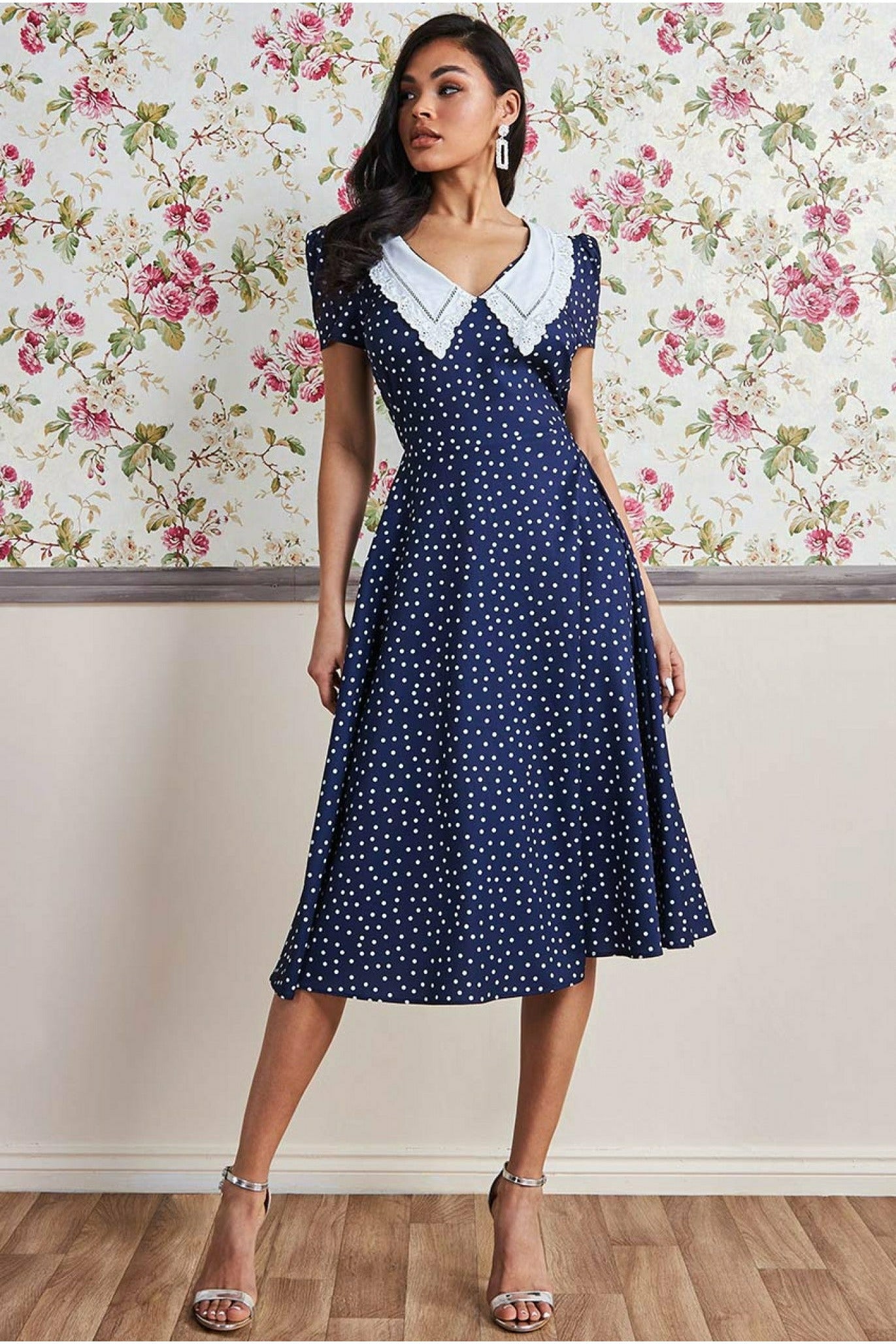 Printed Tea Dress With Collar - Navy DR3354