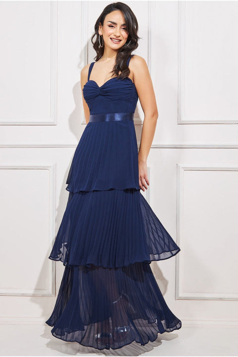 Pleated Chiffon Tiered Maxi Dress - Navy DR3804