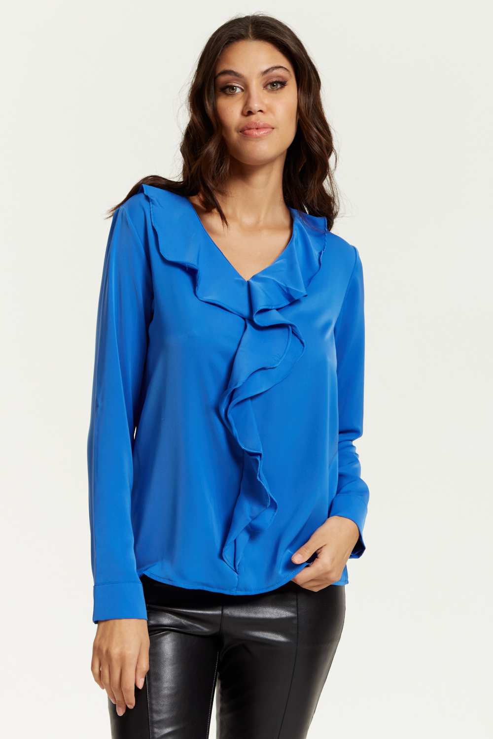 Oversized Top with Frilled Front in Blue HOXTON GAL