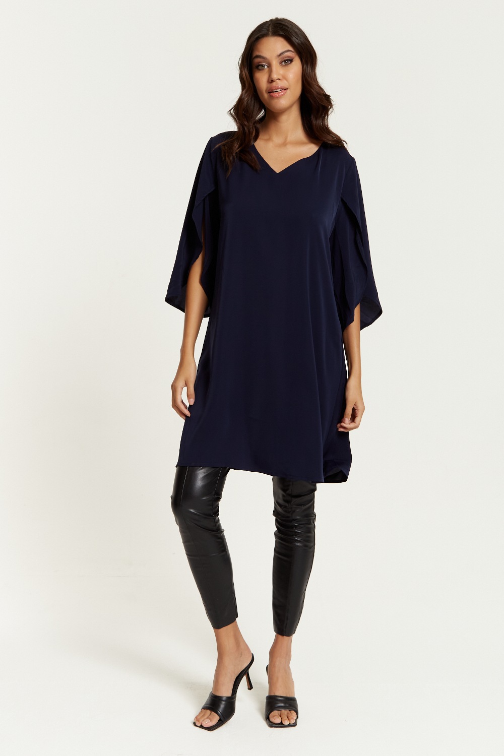 Oversized V Neck Tunic with Split Sleeves in Navy GLR FASHION NETWORKING