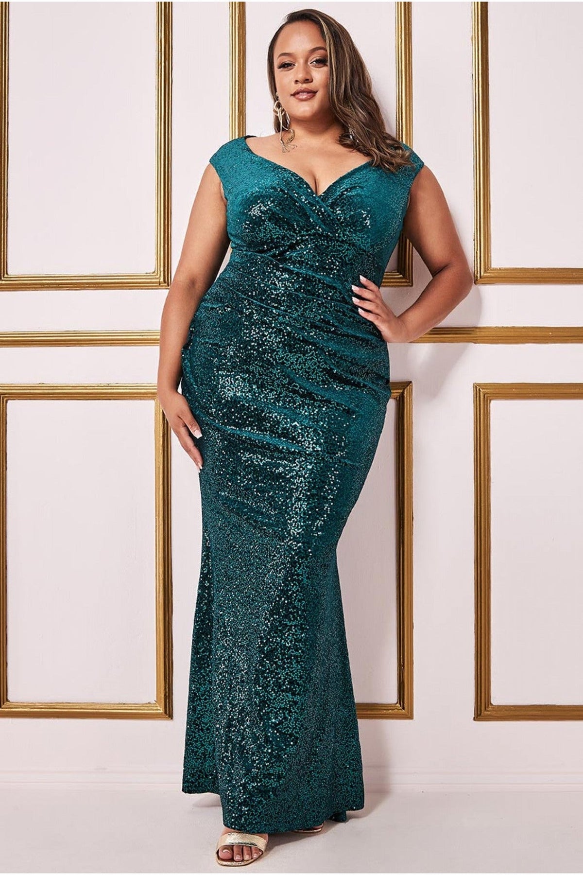 Sequin & Velvet Bardot Maxi Dress - Emerald DR3623P